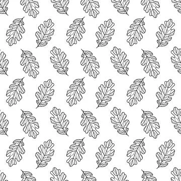 Seamless Oak Leaf Pattern Hand Drawn Black and White Autumn Foliage for Fabric Stock Illustration
