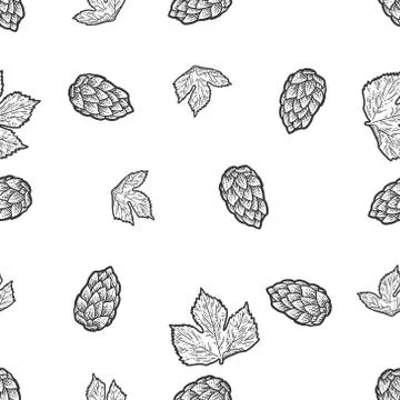 Seamless objects small. Sprig of blooming hops and leaves. Black and white hand Stock Illustration