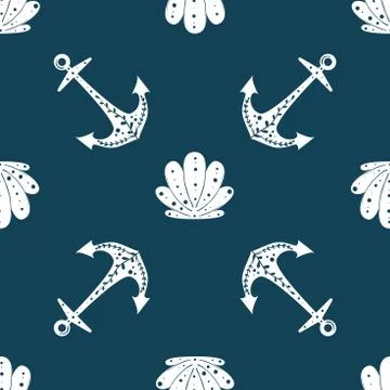 Seamless ocean background with anchor and shells. Summer vector design. For Illustrazione stock