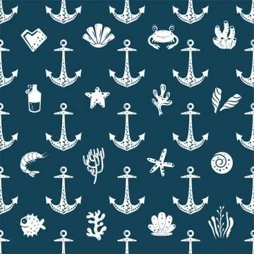 Seamless ocean background with anchor and shells. Summer vector design. For Stock Illustration