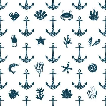 Seamless ocean background with anchor and shells. Summer vector design. For Stock Illustration