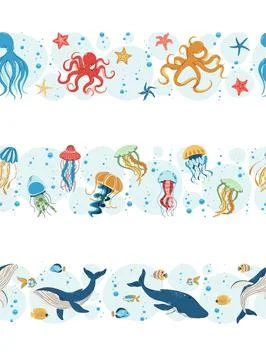 Seamless Ocean Borders Set. Whales, Jellyfish and Octopuses in Flat Design. P Stock Illustration