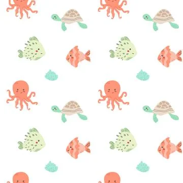 Seamless ocean creatures pattern with octopus, turtle, fish, and coral 스톡 일러스트