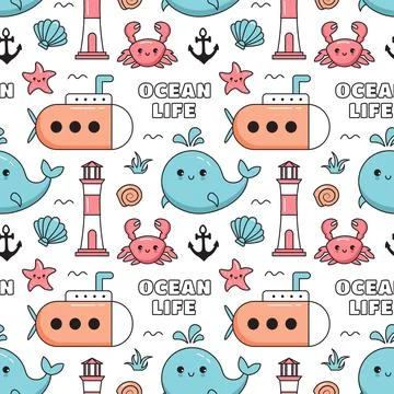Seamless Ocean Pattern Design Featuring Decorative Marine Life Elements in .. Stock Illustration