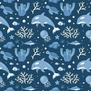 Seamless Ocean Pattern Design Featuring Decorative Marine Life Elements in .. Stock Illustration