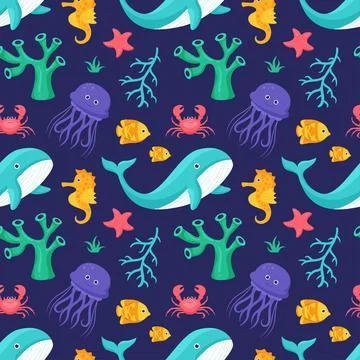 Seamless Ocean Pattern Design Featuring Decorative Marine Life Elements in .. 库存插图