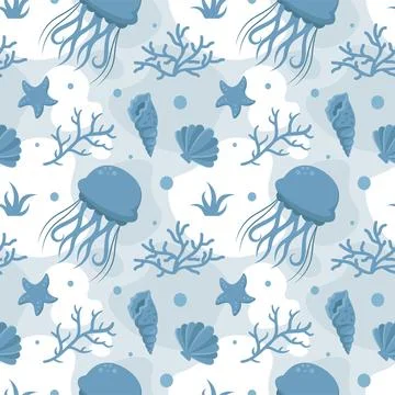 Seamless Ocean Pattern Design Featuring Decorative Marine Life Elements in .. イラスト素材