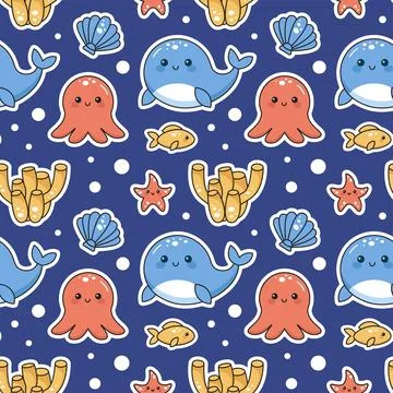 Seamless Ocean Pattern Design Featuring Decorative Marine Life Elements in .. Illustrazione stock