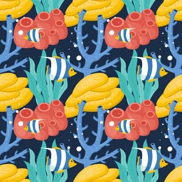 Seamless Ocean Pattern Design Featuring Decorative Marine Life Elements in .. 스톡 일러스트