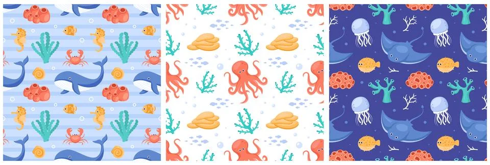 Seamless Ocean Pattern Design Featuring Decorative Marine Life Elements in .. Illustrazione stock