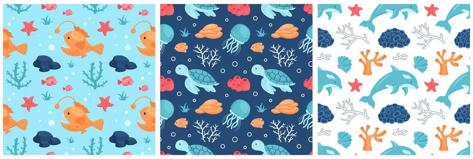 Seamless Ocean Pattern Design Featuring Decorative Marine Life Elements in .. Stock Illustration