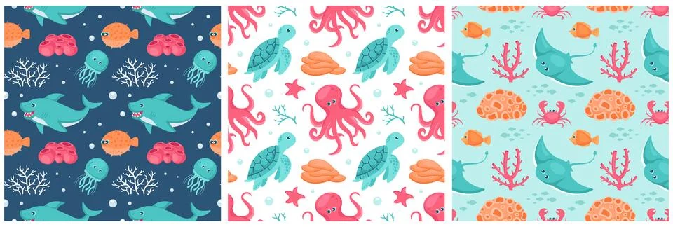 Seamless Ocean Pattern Design Featuring Decorative Marine Life Elements in .. Stock Illustration