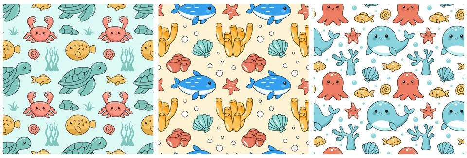 Seamless Ocean Pattern Design Featuring Decorative Marine Life Elements in .. イラスト素材