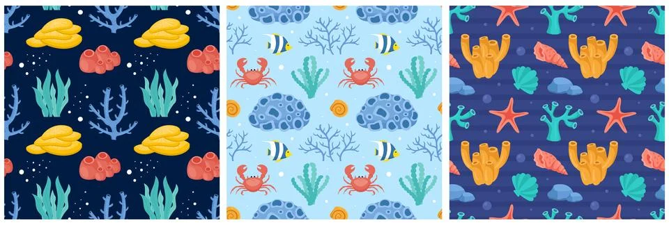 Seamless Ocean Pattern Design Featuring Decorative Marine Life Elements in .. 스톡 일러스트