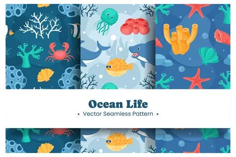Seamless Ocean Pattern Design Featuring Decorative Marine Life Elements in .. 库存插图