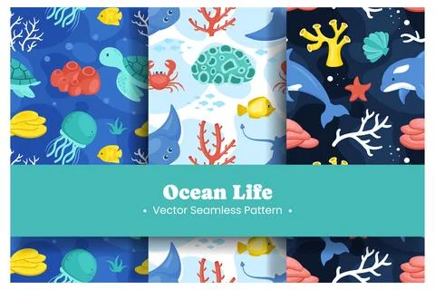 Seamless Ocean Pattern Design Featuring Decorative Marine Life Elements in .. Stock Illustration
