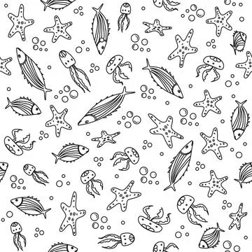 Seamless ocean pattern with fish, starfish, jellyfish, and bubbles on white.. Stock Illustration