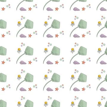 Seamless ocean pattern with jellyfish, starfish, and shells on white backgr.. イラスト素材