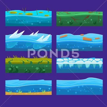 Seamless ocean, sea, water, waves vector backgrounds set for UI game in cartoon Stock Illustration