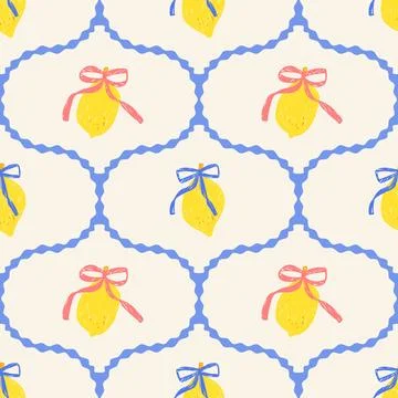 Seamless ogee pattern with bow and citrus motif in blue lattice on cream. Cute Stock Illustration