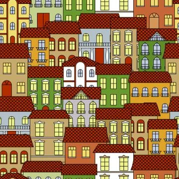 Seamless old town cityscape pattern background Stock Illustration