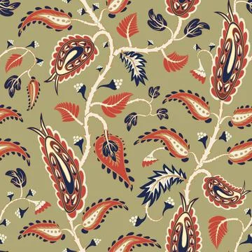 Seamless olive brown pattern with stylized red flowers. Floral ornament. Stock Illustration