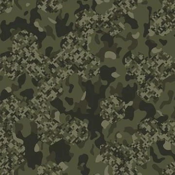 Seamless olive camouflage pattern with Pixel and Spots mixed Hex effect Illustrazione stock