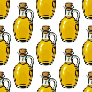 Seamless olive oil bottle pattern in Mediterranean engraving style Stock Illustration