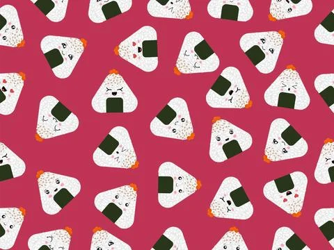 Seamless onigiri pattern. Vector design of Asian cuisine isolated on a pink Stock Illustration
