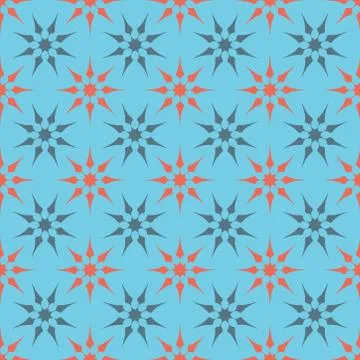 Seamless orange and blue octagonal star pattern design on turquoise backgroun Stock Illustration