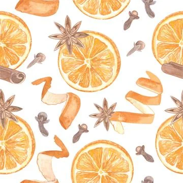 Seamless orange and spices pattern. Orange peel Stock Illustration