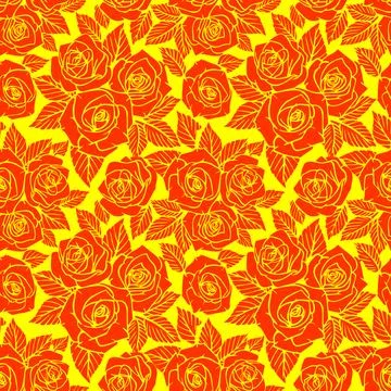 Seamless orange asymmetric pattern of rose contours on a yellow background,.. Stock Illustration