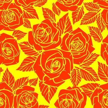Seamless orange asymmetric pattern of rose contours on a yellow background,.. Stock Illustration