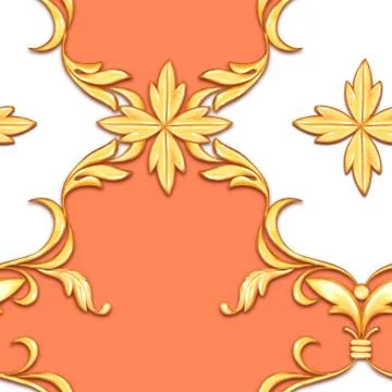 Seamless orange baroque pattern with gold scrolls Illustrazione stock