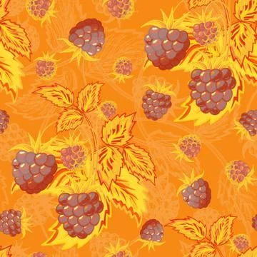 Seamless orange brown pattern with raspberries. Hand painting. Colorful pattern 스톡 일러스트