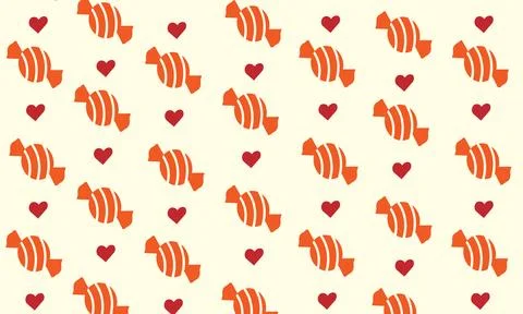 Seamless Orange Candy and Red Heart Pattern on Cream Stock Illustration