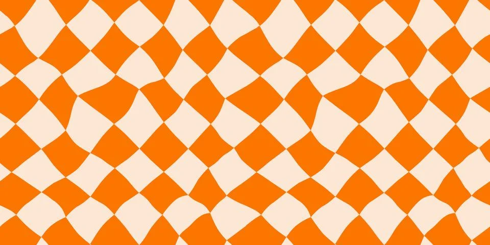 Seamless orange diagonal checkerboard pattern. Repeated distorted checkered Stock Illustration