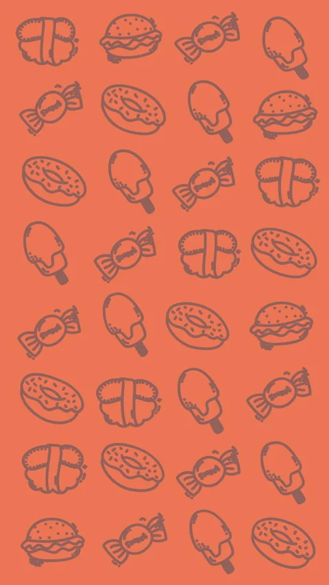 Seamless orange food icons pattern background with candies donuts burgers Stock Footage 329323960