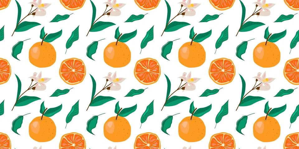 Seamless orange fruit pattern with flowers and leaves Illustrazione stock