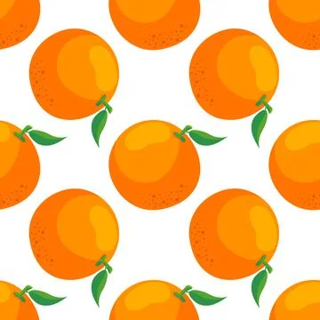 Seamless orange fruit pattern with green leaf on white background in cartoon Stock Illustration