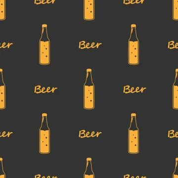 Seamless orange pattern beer bottles, line drawing Design fabric Stock Illustration