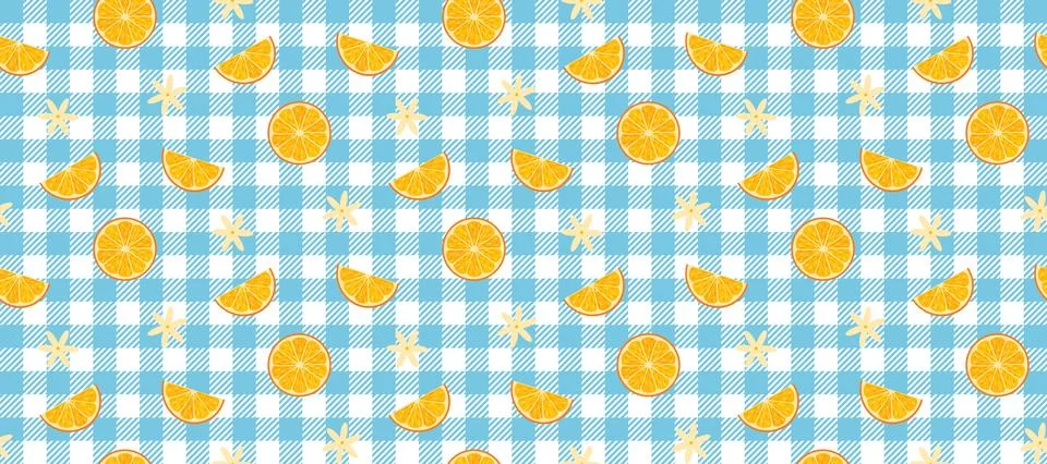 Seamless orange pattern on blue gingham background, citrus fruit slices and.. Stock Illustration