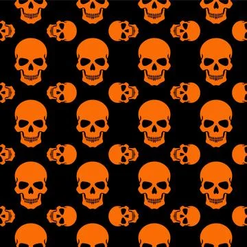 Seamless Orange Skull Pattern on Black Background for Halloween Stock Illustration