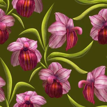Seamless orchid pattern 3d illustration watercolor Stock Illustration