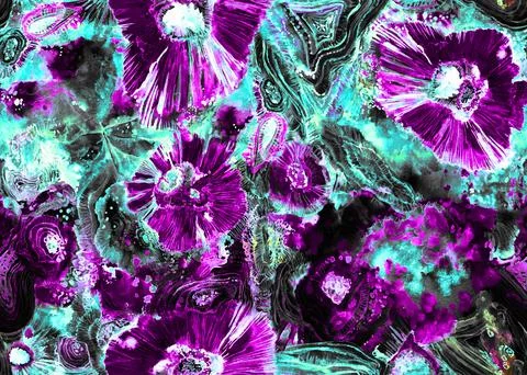 Seamless organic abstract pattern painted in watercolor on dark colors with neon Illustrazione stock