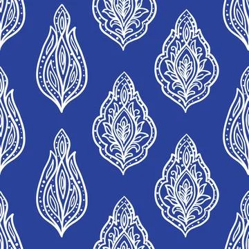 Seamless oriental buta pattern in white line art Stock Illustration
