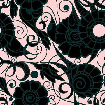 Seamless oriental pattern of black flowers with a gray outline on a pink Stock Illustration