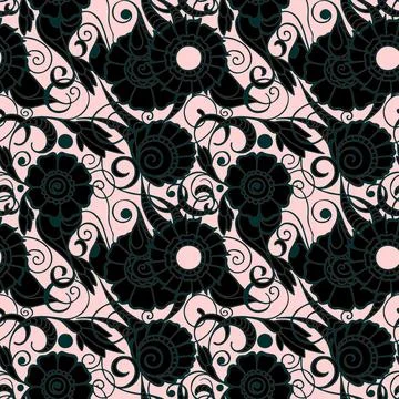 Seamless oriental pattern of black flowers with a gray outline on a pink ba.. Stock Illustration
