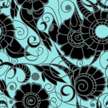 Seamless oriental pattern of black flowers with a gray outline on a blue ba.. Stock Illustration
