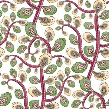 Seamless oriental pattern with floral cucumber branches. Vector laced flowers Stock Illustration